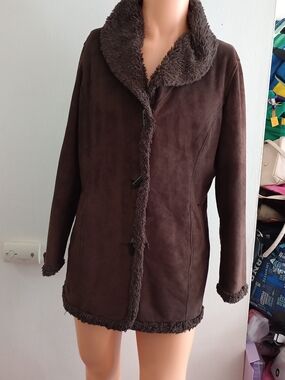 Jones New York Chocolate Brown Teddy Jacket with Faux-Shearling Trim